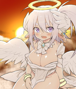 blush breasts clothing cloud ear_piercing ear_ring female halo looking_at_viewer not_furry open_mouth piercing purple_eyes ring_piercing solo sun mofuaki angel humanoid 2015