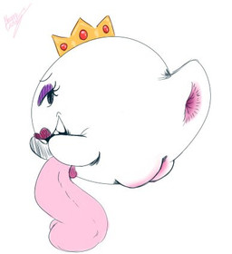 anus black_eyes crown female floating_head_creature genitals headgear lipstick long_tongue looking_back makeup nude open_mouth solo tongue tongue_out vulva white_body neom-daddy mario_bros nintendo boo_(mario) ghost spirit low_res