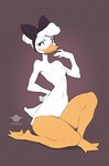 abstract_background accessory anthro beak bow_(feature) bow_accessory bow_ribbon breasts centered_hair_bow feathers featureless_breasts female genitals hair_accessory hair_bow hair_ribbon looking_at_viewer non-mammal_breasts pussy ribbons small_breasts smile solo thick_thighs white_body white_feathers kuroi_kamome disney ducktales ducktales_(2017) daisy_duck anatid anseriform avian bird duck 2022 absurd_res full-length_portrait hi_res portrait