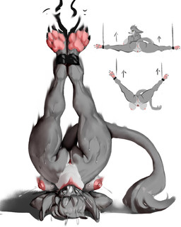 anthro big_breasts bodily_fluids breasts contortionism extreme_contortion feet female flexible fur genitals green_eyes grey_body grey_fur head_in_pussy lactating masturbation milk nipples oral oral_masturbation paws soles solo splits spread_legs spreading tail thick_thighs vaginal vaginal_masturbation wide_hips gyy canid canine mammal 4:5