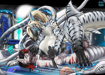 accessory anthro aphrodisiac_liquid areola back_tentacles balls big_balls big_breasts big_dom_small_sub black_sclera blonde_hair blue_ink bodily_fluids breasts colored_vein detailed_background dominant duo ear_piercing facial_piercing female female_penetrated fin fin_piercing furgonomics furry-specific_piercing genital_fluids genitals glass hair hand_on_mouth huge_balls huge_breasts industrial_piercing industrial_piercing_ladder ink intravaginal_tongue knife lactating larger_female licking licking_lips male male/female male_penetrating male_penetrating_female milk muffled nipples nose_piercing nude on_glass_surface open_mouth pelvic_fins penetration penile penile_penetration penis penis_in_vagina piercing pubic_tattoo pussy_fins sex size_difference smaller_male smile straddling stripes tail tail_accessory tattoo teeth tentacles thick_thighs tongue tongue_out tunnel_piercing vaginal vaginal_penetration yellow_eyes albinion cleopatra_la_jauge maxi_(maxi_nightmode) cephalopod coleoid equid equine fish hybrid mammal marine mollusk shark thei'mare zebra absurd_res digital_media_(artwork) hi_res