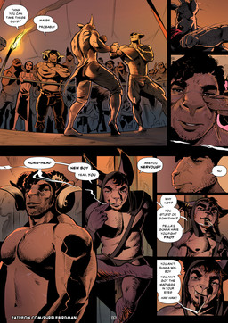 5_fingers accessory anthro arm_scar big_muscles black_hair bottomwear brown_body brown_bottomwear brown_clothing brown_eyes brown_pants chest_scar clothed clothing curly_hair detailed_background dialogue duo ear_piercing ear_ring eyebrows facial_scar fantasy femboy fight fighting_ring fingers flirting flirting_look green_clothing green_shirt green_topwear hair hairy_legs headband horn inside jewelry male mouth_closed muscular muscular_anthro muscular_arms muscular_male necklace pants piercing red_headband ring_piercing scar sharp_teeth shirt short_male size_difference smile smoking solo speech_bubble teeth text thick_eyebrows tongue tongue_out topless topless_anthro topless_male topwear torn_clothing wrapped_arms purplebirdman guile_(purplebirdman) roshim_(purplebirdman) bat bovid caprine goat human hybrid lagomorph leporid mammal rabbit sheep 2023 better_version_at_paywall colored comic detailed english_text shaded url