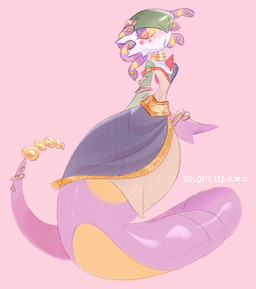 accessory anthro apode breasts clothed clothing dress facial_markings female furgonomics gold_(metal) gold_jewelry gold_necklace green_body green_hair hair head_markings jewelry legless living_hair markings necklace off_shoulder pink_background pseudo_hair purple_body rattle_(anatomy) red_eyes serpentine simple_background small_breasts snake_hair solo split_form tail tail_accessory tail_jewelry white_body yellow_sclera shgrcube nintendo pokemon draconcopode ekans gardevoir generation_1_pokemon generation_3_pokemon hybrid lamia pokemon_(species) reptile scalie snake 2026 hi_res