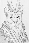 anthro beak bedding blanket chest_tuft clothing eyebrows female head_tuft looking_up small_eyebrows solo thick_eyebrows tuft marcie_montis unnamed_character avian bird owl absurd_res hi_res monochrome sketch traditional_media_(artwork)