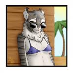 anthro beach bikini breasts clothed clothing eyewear female neck_tuft nipple_outline outside palm_tree pink_nose plant seaside solo sunglasses swimwear tree tuft two-piece_swimsuit yellow_eyes nateday domestic_cat felid feline felis mammal 1:1 hi_res