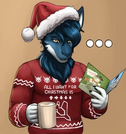 anthro christmas_clothing christmas_headwear claws clothing container cup hat headgear headwear holidays looking_down male mug santa_hat solo text conditional_dnp cracky christmas volt_(voltaicharbor32) aquatic fish shark english_text hi_res