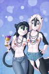 areola beads beverage blue_eyes bottomwear clothed clothing container cup female goblet green_eyes holidays jewelry necklace nipples shorts topless brian_mcpherson carnival_(holiday) mardi_gras nova_(hijinxfantasy) vicki_(brian_mcpherson) domestic_cat felid feline felis mammal mephitid skunk 2:3