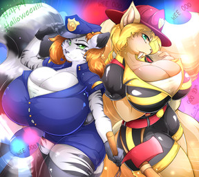 anthro axe big_breasts breasts cleavage clothed clothing duo female firefighter holidays huge_breasts melee_weapon police police_officer weapon leonkatlovre halloween felid mammal pantherine prehistoric_species saber-toothed_tiger tiger