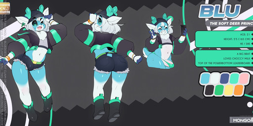 5_fingers anthro antlers belt big_butt biped black_clothing black_topwear blue_body blue_clothing blue_fur blue_panties blue_underwear bottomwear bulge butt clothed clothing detailed_bulge erection exposed eyelashes eyes_closed femboy fingers footwear fur genital_outline genitals gesture hair hand_gesture headgear headwear horn jacket looking_at_viewer male neck_tuft one_eye_closed panties partially_clothed penis penis_outline piercing shoes short_tail shorts smile solo tail taking_picture teal_eyes thick_thighs topwear tuft underwear v_sign white_body white_fur white_hair wide_hips wink wristband chromapan blu_(bludoe) canid deer mammal 2023 hi_res model_sheet