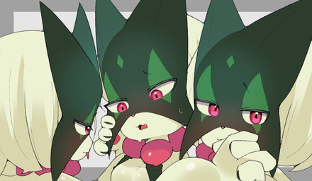 anthro anthro_on_anthro bodily_fluids breasts cute_fangs eye_contact fangs female female/female female_anthro fur green_body green_fur group hand_holding interlocked_fingers kemono looking_at_another looking_at_viewer mask monotone_body monotone_fur open_mouth pink_nose pupils red_eyes sweat sweatdrop teeth trio neko_lone nintendo pokemon felid feline generation_9_pokemon mammal meowscarada pokemon_(species) 2026 colored digital_media_(artwork)