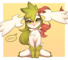 blush border female feral fur green_body green_fur green_hair hair kemono looking_at_viewer simple_background solo white_body white_border white_fur zinfyu nintendo pokemon generation_4_pokemon legendary_pokemon pokemon_(species) shaymin sky_forme_shaymin 2021 absurd_res alternate_version_at_source dated digital_media_(artwork) hi_res shaded signature