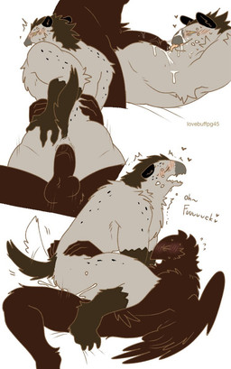 anal anal_penetration anthro balls black_body blush bodily_fluids butt cum cum_in_ass cum_inside cum_on_face duo erection eyes_closed feathered_wings feathers genital_fluids genitals grey_body male male/male nude penetration penile penile_penetration penis penis_in_ass sex simple_background tail text wings lovebuffpg45 wilber_(pegu2726) hyena mammal english_text