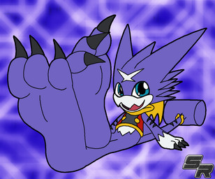 3_toes anthro barefoot big_feet blue_eyes claws clothing countershading crossed_feet feet foot_fetish foot_focus hammer_tail hological_creature hological_scalie looking_at_viewer markings purple_background purple_body ring simple_background sitting sleeveless_shirt smile solo tail toe_claws toes topwear weapon_tail white_body white_countershading wings ryoosakuling bandai_namco digimon mythology digimon_(species) dragon gumdramon mythological_creature mythological_scalie reptile scalie digital_drawing_(artwork) digital_media_(artwork)