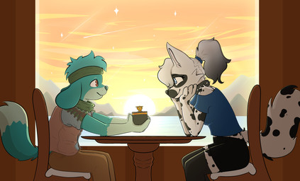 anthro calm chair clothed clothing duo eye_contact falling_star fangs female fur furniture hair looking_at_another looking_at_partner male male/female nervous restaurant ring simple_background smile sparkles star sunset table tail teeth text window conditional_dnp joxh kenzichu ultaki canid canine canis dalmatian domestic_dog mammal absurd_res artist_name digital_media_(artwork) hi_res pixel_(artwork) shaded warm_colors