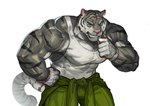 anthro big_muscles clothed clothing fur grey_body grey_fur huge_muscles male muscular muscular_anthro muscular_male shirt simple_background solo striped_body stripes tank_top teeth topwear vein veiny_muscles white_background traver009 felid mammal pantherine tiger absurd_res hi_res