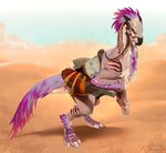 ambiguous_feral ambiguous_gender beak bipedal_feral claws desert feathers feral green_eyes horn multicolored_body outside pink_body pink_feathers reins saddle scales solo tan_body tan_scales toe_claws pig_(artist) capcom monster_hunter scalie seikret 2024 digital_media_(artwork) hi_res