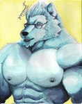 abs absurd_res anthro barazoku bear beard big_muscles blue_eyes december_twilight ears_up eyewear facial_hair fur glasses hair hi_res huge_muscles male mammal mature_anthro mature_male muscular muscular_anthro muscular_male nicholas_briant nipples pecs pinumontbalou solo ursine white_body white_fur