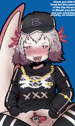 anthro anus axolotl_tail blue_background blush bodily_fluids chain clothing female genitals gills gold_(metal) gold_chain group hair hat headgear headwear legwear open_mouth oral_vore pink_pupils presenting presenting_vulva pupils saliva simple_background spread_vulva spreading streetwear text thigh_highs topwear trio unbirthing vaginal vore vulva xxx teruni-inamor eztli_soup_t amphibian axolotl marine mole_salamander salamander 3:5 english_text