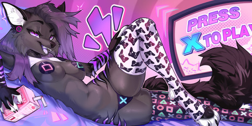 5_fingers anthro biped black_tail breasts claws clothed clothed_anthro clothed_female clothing ear_piercing female finger_claws fingers fur gauged_ear grey_body grey_fur holding_object inner_ear_fluff legwear looking_at_viewer lying navel on_back open_mouth open_smile panties pasties piercing purple_eyes purple_tail smile solo tail teeth thigh_highs tongue topwear tuft underwear cocoline_(artist) cocoline canid canine canis mammal wolf 2025 absurd_res digital_drawing_(artwork) digital_media_(artwork) hi_res