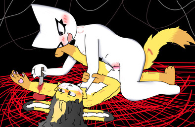 abdominal_bulge anthro bite_mark blood blush bodily_fluids duo erection female female_on_top fur genitals grey_eyes grey_hair hair knife male male/female on_top penis sex tail vulva white_body white_fur wounded yellow_body yellow_fur ezpektrier femtanyl ezpektrier_(ezpektrier) token_(femtanyl) canid canine felid feline fox lagomorph leporid mammal rabbit hi_res