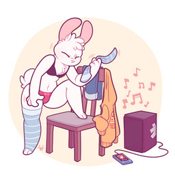 4_fingers air_guitar ambiguous_gender anthro bra cellphone chair chest_tuft clothed clothing duct_tape electronics eyes_closed fingers food fur furniture holding_clothing holding_legwear holding_object legwear musical_note musical_symbol navel partially_clothed pattern_clothing pattern_legwear pattern_stockings phone pizza pizza_slice simple_background smile solo speaker stockings striped_clothing striped_legwear striped_stockings stripes symbol tape tuft underwear white_background white_body white_fur marshmallowfury lagomorph leporid mammal rabbit hi_res signature