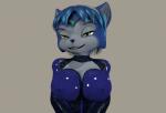 anthro big_breasts blue_body blue_fur blue_hair breast_focus breasts clothing female fur green_eyes hair looking_at_viewer nipple_outline nipples smile solo white_body white_fur themeshow101 nintendo star_fox krystal_(charleyfox) krystal_(star_fox) canid canine fox mammal 2018 3d_(artwork) digital_media_(artwork)