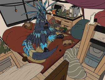 animal_plushie ankle_tuft anthro beaded_jewelry beaded_necklace beads bear_plushie bed bedding bedroom black_body black_feathers black_scutes blanket blue_body blue_feathers candle claws computer computer_desk dinosaur_plushie electronics elephant_plushie feather_markings feathered_wings feathers female fish_plushie furniture futon gem holding_object jewelry leg_tuft looking_at_held_object mammal_plushie markings movie_case neck_whiskers necklace on_bed pearl_(gem) pearl_necklace pillow plastic_bin plushie scuted_legs scutes shelf sickle_claw sitting sitting_on_bed solo string_lights tail tail_feathers tail_markings toe_claws tuft turtle_plushie window wings yellow_body yellow_eyes yellow_feathers yellow_markings toddavali eili_(k'braid) enolaraptor absurd_res hi_res
