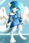 5_fingers 5_toes anthro biped blue_eyes blue_hair clothed clothing collar digitigrade fangs feathered_wings feathers feet female fingers fur hair open_mouth panties simple_background smile solo standing tail teeth toes tongue underwear white_body white_feathers white_fur wings colarix colarix_(fursona) canid canine canis hybrid mammal wolf 2014 2:3 absurd_res digital_media_(artwork) hi_res