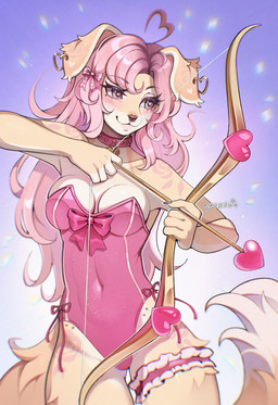 ahoge anthro arrow_(weapon) bangs blush breasts claws clothing collar collarbone ear_piercing facial_piercing female floppy_ears hair heart_(marking) holding_arrow leotard long_hair markings medium_breasts nose_piercing nose_ring piercing pink_bow pink_clothing pink_collar pink_leotard ranged_weapon ring_piercing simple_background smile solo tail weapon cepto_(artist) canid canine canis domestic_dog mammal colored digital_drawing_(artwork) digital_media_(artwork) hi_res shaded
