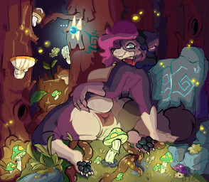anthro anus big_breasts big_butt breasts butt ckground collar feet female forest forest_background fungus fur genitals glowing hair hindpaw looking_at_viewer mushroom nude paws plant presenting presenting_anus purple_body purple_fur smile solo tail teeth thick_thighs tree vulva dannycris121 electronic_arts plants_vs._zombies popcap_games daniela_(dannycris121) mammal procyonid raccoon digital_media_(artwork) warm_colors