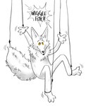 anthro arms_tied bound dialogue legs_tied looking_at_viewer male solo text yellow_eyes twistcmyk anthrocon wiggle_fox canid canine fox hybrid mammal hi_res