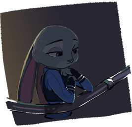 anthro armor body_armor clothed clothing ears_down female female_anthro fur grey_body grey_fur pensive pivoted_ears police police_officer purple_eyes rabbit_ears railing simple_background solo thinking kakeyon disney zootopia judy_hopps european_rabbit lagomorph leporid mammal oryctolagus rabbit