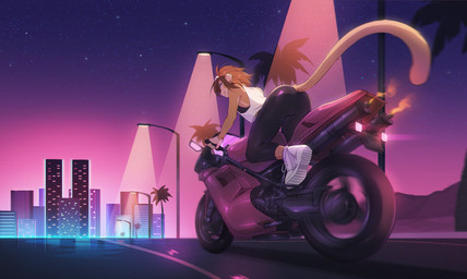 anthro brown_body brown_fur brown_hair clothed clothing detailed_background female footwear fur hair motorcycle night outside shoes sky smile sneakers solo star starry_sky synthwave vehicle fumiko haplorhine mammal monkey primate 2018 absurd_res digital_media_(artwork) hi_res
