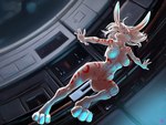 anthro detailed_background female fur genitals hair markings pussy rabbit_ears red_eyes red_markings science_fiction solo white_body white_fur white_hair zero_gravity np4tch lagomorph leporid mammal rabbit 4:3