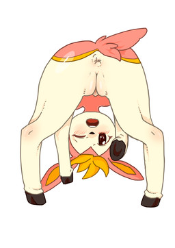all_fours anus brown_eyes brown_nose butt female feral fur genitals hooves looking_at_viewer looking_through looking_through_legs one_eye_closed open_mouth pink_body pink_fur plump_labia presenting presenting_hindquarters presenting_vulva rear_view simple_background solo teeth tongue upside_down vulva white_background white_body white_fur yellow_body yellow_fur unknown_artist nintendo pokemon deer deerling generation_5_pokemon mammal pokemon_(species) spring_deerling
