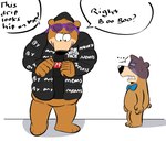 anthro black_nose bow_tie brown_body clothed clothing duo eyewear glasses hoodie humanoid_hands slightly_chubby text topwear beargarbage drip_(meme) goku_drip hanna-barbera jellystone_(hbo_max) meme_clothing yogi_bear boo-boo_bear yogi_bear_(character) bear mammal 2021 english_text hi_res meme