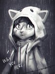 ambiguous_gender animal_hood anthro clothed clothing jacket light raining solo text topwear munie domestic_cat felid feline felis mammal 2023 detailed digital_media_(artwork) digital_painting_(artwork) english_text greyscale half-length_portrait hi_res lighting monochrome portrait shaded