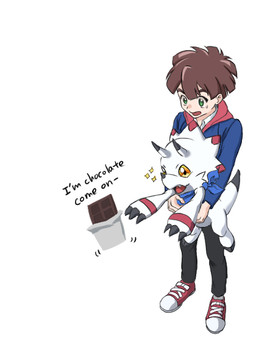 anthro bodily_fluids candy carrying_another chibi chocolate countershading dessert duo facial_horn food green_eyes grey_body grey_countershading horn kerchief male markings nose_horn red_markings reverse_countershading simple_background sparkles sweat sweatdrop text white_background white_body yellow_eyes 4rekcthqiydloh7 bandai_namco digimon digimon_ghost_game gammamon_(ghost_game) hiro_amanokawa ceratopsian digimon_(species) dinosaur gammamon human mammal ornithischian prehistoric_species reptile scalie colored english_text
