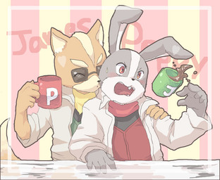 anthro anthro_on_anthro beverage blush clothed clothing coffee duo food kissing male male/male predator/prey surprised yucccka nintendo star_fox james_mccloud peppy_hare canid canine fox hare lagomorph leporid mammal