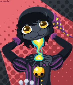 anthro bell biped black_hair clothing clown disembodied_head elemental_manipulation eyelashes fire fire_manipulation fool's_hat fur gold_buttons grey_background grey_body grey_clothing grey_fur hair halftone_background hat headgear headwear jester juggling_pin looking_at_viewer male pattern_background pattern_clothing purple_clothing red_background ruffled_collar simple_background solo striped_clothing stripes yellow_eyes anonster bovid caprine mammal sheep digital_media_(artwork) halftone hi_res pixel_(artwork) watermark