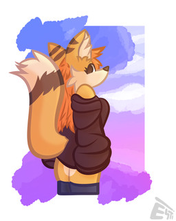 anthro brown_body brown_clothing brown_eyes brown_fur brown_stripes brown_sweater brown_topwear clothing cloud ear_stripes female fur grass grey_clothing grey_legwear grey_stockings hair leaf legwear looking_at_viewer looking_back orange_body orange_fur orange_hair plant purple_background simple_background solo stockings stripes sweater topwear white_body white_fur esti esti_(esti) canid canine fox mammal 2026 4:5 absurd_res hi_res