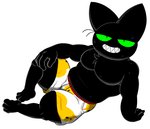 anthro black_body black_fur bottomwear chest_tuft clothing fur green_eyes grin looking_at_viewer male pecs reclining sharp_teeth shorts smile solo swimwear teeth tuft wet nemhippie cartoon_network mao_mao:_heroes_of_pure_heart sheriff_mao_mao_mao domestic_cat felid feline felis mammal hi_res