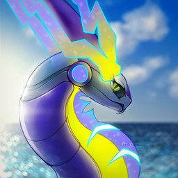 ambiguous_gender blush blush_lines cloud cloudy_sky eyelashes feral looking_at_viewer metallic_body screen_eyes sea side_view sky solo tongue tongue_out water tohjoma nintendo pokemon future_pokemon generation_9_pokemon legendary_pokemon miraidon paradox_pokemon pokemon_(species) ultimate_mode_miraidon 1:1