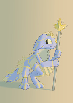 4_toes ambiguous_gender anthro blue_body blue_fur confusion feather_hair feather_hands feathers feet fluffy fluffy_chest fluffy_tail fur kemono pseudo_hair shake_lines simple_background solo staff tail tail_feathers toes yellow_body yellow_eyes yellow_fur gev_ai demigod hybrid rikkor absurd_res hi_res