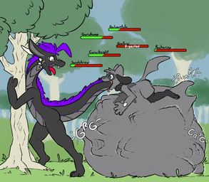 abdominal_bulge anthro digestion digestion_noises duo fully_inside gameplay_mechanics gui health_bar male male/male mass_vore oral_vore partially_inside plant simple_background size_difference smaller_pred tail tail_in_mouth tree vore sarek_aran_desian mythology nintendo pokemon sarek_aran_desian_(character) dragon generation_4_pokemon mythological_creature mythological_scalie pokemon_(species) riolu scalie absurd_res hi_res
