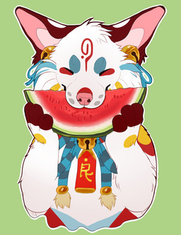 ambiguous_gender anthro bell blue_markings cheek_tuft eyes_closed facial_tuft food front_view fruit fur green_background head_tuft holding_food holding_fruit holding_melon holding_object holding_watermelon markings melon pink_inner_ear pink_nose plant red_markings simple_background solo tuft watermelon white_body white_fur roobin canid mammal hi_res