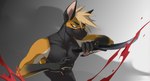 5_fingers anthro blood bodily_fluids eyebrows fingers green_eyes hair holding_object holding_weapon male solo weapon kaerufrog canid canine mammal 2022 digital_media_(artwork)