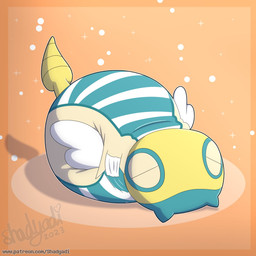 ambiguous_gender blue_body border clothed clothing diaper diaper_only eyes_closed feral heart_symbol orange_background orange_border pointed_tail simple_background solo sparkles striped_diaper tail text topless wearing_diaper white_wings wings yellow_body yellow_tail shadyadi nintendo pokemon dunsparce generation_2_pokemon pokemon_(species) 1:1 2023 artist_name hi_res signature url