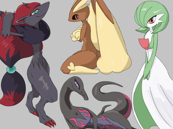 ambiguous_gender anthro biped brown_body brown_fur claws digitigrade fur green_eyes grey_body grey_fur group hair kneeling long_ears long_hair long_neck looking_at_viewer lying monotone_background on_side pupils purple_eyes red_eyes semi-anthro simple_background sitting slit_pupils smile standing toe_claws white_body kagura_0471 nintendo pokemon gardevoir generation_3_pokemon generation_4_pokemon generation_5_pokemon generation_7_pokemon humanoid lopunny pokemon_(species) salazzle zoroark 2022 4:3 hi_res shaded