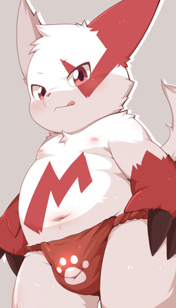 anthro asian_clothing belly belly_markings biped black_claws blush blush_lines bulge claw_fingers claws clothed clothing detailed_bulge east_asian_clothing finger_claws front_view fundoshi fundoshi_only fur gloves_(marking) grey_background head_tuft japanese_clothing kemono licking licking_lips licking_own_lips looking_at_viewer low-angle_view male male_anthro markings mismatched_ears monotone_tail multicolored_body multicolored_fur navel nipples pink_nipples pink_nose pupils red_body red_clothing red_ears red_eyes red_fundoshi red_fur red_markings red_underwear shota simple_background slightly_chubby slightly_chubby_anthro slightly_chubby_male solo standing tail tongue tongue_out topless topless_anthro topless_male tuft two_tone_body two_tone_fur underwear underwear_only white_body white_ears white_fur white_tail young young_anthro young_male toruu nintendo pokemon generation_3_pokemon mammal pokemon_(species) zangoose 2025 absurd_res colored hi_res portrait shaded three-quarter_portrait